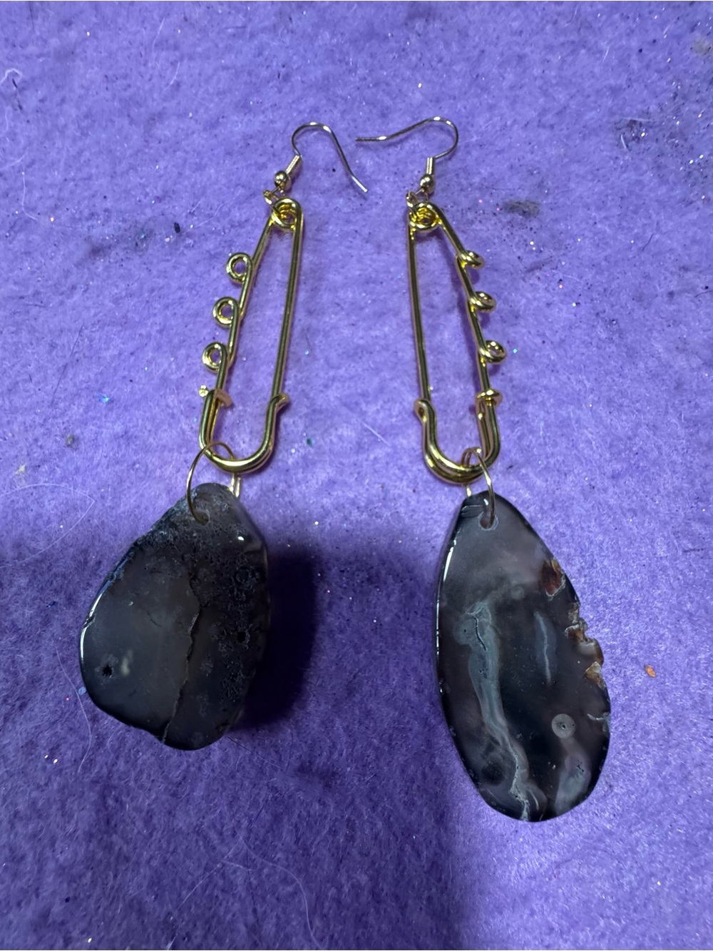 Gold Drop safety pin Agate Earrings - Black Agate